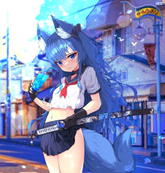 Rule 34 | 1girl, absurdres, animal ears, black gloves, black skirt, blue eyes, blue hair, building, collar, commentary, cup, disposable cup, drink, drinking straw, dual wielding, english commentary, fingerless gloves, fox ears, fox girl, fox tail, gloves, hair between eyes, hair ribbon, highres, holding, holding cup, holding sword, holding weapon, ice, ice cube, katana, kkato, long hair, looking at viewer, mole, mole under eye, nail polish, navel, original, pleated skirt, ribbon, school uniform, serafuku, short sleeves, sidelocks, skirt, smile, solo, stomach, sword, tail, translation request, weapon