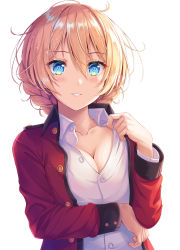 Rule 34 | 1girl, akashio (loli ace), aqua eyes, blonde hair, blush, braid, breasts, cleavage, collarbone, collared shirt, darjeeling (girls und panzer), dress shirt, girls und panzer, hair between eyes, highres, jacket, long sleeves, looking at viewer, medium breasts, open clothes, open jacket, parted lips, red jacket, shirt, short hair, simple background, smile, solo, unbuttoned, upper body, white background, wing collar