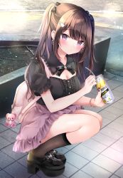 Rule 34 | 1girl, backpack, bag, bag charm, bendy straw, black bow, black footwear, black shirt, blush, bow, breasts, brown hair, brown socks, can, center frills, charm (object), cleavage, cleavage cutout, closed mouth, clothing cutout, collared shirt, commentary request, day, drinking straw, earrings, frilled shirt collar, frilled skirt, frills, full body, hair bow, heart, heart earrings, highres, holding, holding can, jewelry, jirai-chan (masayo), long hair, looking at viewer, masayo (gin no ame), medium breasts, original, outdoors, pink skirt, platform footwear, platform heels, puffy short sleeves, puffy sleeves, purple eyes, shirt, short sleeves, skirt, socks, solo, strong zero, stuffed animal, stuffed toy, teddy bear, two side up, very long hair