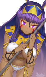 Rule 34 | 1girl, animal ears, blush, bracelet, breasts, commentary request, dark skin, dark-skinned female, egyptian, egyptian clothes, facepaint, facial mark, fate/grand order, fate (series), frown, hairband, highres, jackal ears, jewelry, long hair, looking at viewer, marshall (wahooo), navel, nitocris (fate), purple eyes, purple hair, solo, staff, underboob, very long hair