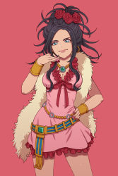 Rule 34 | 1girl, black hair, blue eyes, bracelet, breasts, cleavage, closed mouth, deborah (dq5), dragon quest, dragon quest v, dress, earrings, feather boa, fingernails, flower, frilled dress, frills, hair flower, hair ornament, hand on own hip, hand up, highres, hoop earrings, jewelry, legs apart, long hair, medium breasts, mole, mole under eye, nail polish, necklace, pink background, pink dress, pink nails, red flower, red ribbon, ribbon, simple background, smile, solo, tanuki koubou