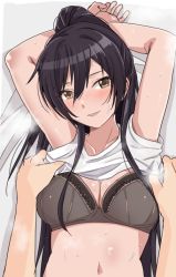 Rule 34 | 1girl, armpits, arms behind head, arms up, black bra, black hair, blush, bra, breasts, cleavage, clothes lift, collarbone, hair between eyes, high ponytail, idolmaster, idolmaster shiny colors, large breasts, lifting another&#039;s clothes, long hair, looking at viewer, lying, navel, norimaki (haru koubou), on back, open mouth, ponytail, shirase sakuya, shirt, shirt lift, short sleeves, smile, solo focus, t-shirt, underwear, white shirt, yellow eyes