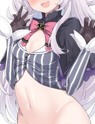 Rule 34 | 1girl, :d, black gloves, blush, bow, bowtie, breasts, cleavage, cleavage cutout, clothing cutout, cocozasa, crop top, gloves, grey hair, head out of frame, highres, hololive, long hair, long sleeves, murasaki shion, murasaki shion (1st costume), navel, open mouth, out-of-frame censoring, paid reward available, pentagram, pink bow, pink bowtie, small breasts, smile, solo, stomach, striped, vertical stripes, very long hair, virtual youtuber