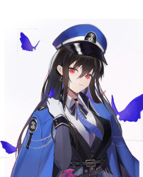 Rule 34 | 1girl, absurdres, alternate eye color, belt, black hair, blue hat, blue jacket, blue necktie, boots, breasts, brown eyes, collared shirt, diesel (nikke), earrings, gloves, goddess of victory: nikke, hat, highres, jacket, jacket on shoulders, jewelry, large breasts, long hair, looking at viewer, military, military hat, military jacket, military uniform, necktie, open clothes, open jacket, peaked cap, pleated skirt, red eyes, sar (4993), shirt, simple background, skirt, solo, standing, striped necktie, thighs, uniform, upper body, white background, white gloves, white shirt, white skirt