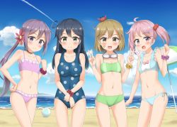 Rule 34 | 10s, 4girls, akebono (kancolle), ball, bandaid, bandaid on face, beach, beach umbrella, beachball, bell, bikini, black hair, blush, breasts, brown eyes, brown hair, rabbit, casual one-piece swimsuit, clenched hand, cloud, contrail, crab, day, double v, flat chest, flower, goggles, goggles around neck, hair bell, hair bobbles, hair flower, hair ornament, hand on own hip, highres, jingle bell, kantai collection, long hair, multiple girls, navel, nedia (nedia region), oboro (kancolle), ocean, one-piece swimsuit, open mouth, outdoors, pink eyes, pink hair, polka dot, polka dot swimsuit, ponytail, purple eyes, purple hair, sazanami (kancolle), scrunchie, side-tie bikini bottom, sky, smile, swimsuit, twintails, umbrella, ushio (kancolle), v, very long hair, wrist scrunchie