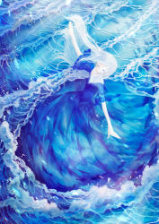 Rule 34 | 1girl, blue theme, closed eyes, dress, highres, isa yuuri, liquid clothes, long hair, ocean, original, outstretched arms, plunging neckline, see-through, see-through sleeves, short sleeves, smile, solo, very long hair, waves, white hair