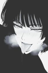 Rule 34 | 1girl, absurdres, black hair, drooling, eyelashes, fubuki (one-punch man), greyscale, highres, monochrome, mostlybluewyatt, one-punch man, portrait, short hair, solo, steam from mouth, sweat, tongue, tongue out