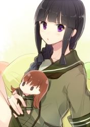 Rule 34 | 10s, 1girl, black hair, braid, brown hair, character doll, hair over shoulder, hiiragi souren, kantai collection, kitakami (kancolle), long hair, looking at viewer, ooi (kancolle), open mouth, purple eyes, single braid, sitting, solo