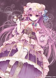 Rule 34 | 1girl, alternate costume, breasts, cleavage, collar, crescent, garter straps, hat, holding, holding smoking pipe, long hair, patchouli knowledge, purple eyes, purple hair, small breasts, smoking pipe, solo, thighhighs, touhou, tsukikage nemu