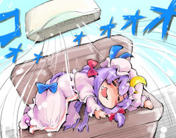 Rule 34 | 1girl, air conditioner, blush, dress, drooling, hat, long hair, lying, patchouli knowledge, shinapuu, smile, solo, touhou