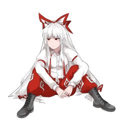 Rule 34 | 1girl, blush, boots, bow, breasts, closed mouth, cross-laced footwear, female focus, fujiwara no mokou, full body, hair bow, highres, jpeg artifacts, long hair, looking to the side, pan-ooh, pants, silver hair, simple background, sitting, solo, suspenders, touhou, white background