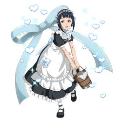 Rule 34 | 1girl, apron, black hair, blue eyes, bow, bucket, highres, holding, holding bucket, looking at viewer, maid, maid apron, maid headdress, medium hair, non-web source, official art, open mouth, sachi (sao), solo, sword art online, sword art online: memory defrag, transparent background