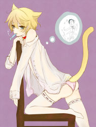 Rule 34 | 1boy, alois trancy, androgynous, animal ears, ass, blonde hair, blue eyes, cat boy, cat ears, cat tail, chair, claude faustus, collar, crossdressing, fish, food in mouth, kuroshitsuji, male focus, open clothes, open shirt, panties, roko (rkrk s), shirt, short hair, solo, tail, thighhighs, thought bubble, trap, underwear, white thighhighs