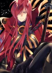 Rule 34 | 1girl, black bodysuit, bodysuit, cape, chain, collared cape, crest, family crest, fate/grand order, fate (series), hair over one eye, looking at viewer, medallion, oda nobunaga (fate), oda nobunaga (maou avenger) (fate), oda uri, popped collar, red cape, red eyes, red hair, sitting, solo, tight top, tokiwa akane, upper body