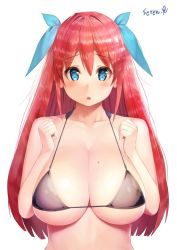 Rule 34 | 1girl, bad id, bad twitter id, bikini, black bikini, blue eyes, blush, breasts, clenched hands, collarbone, hair ribbon, hands up, jellytits-7, large breasts, looking at viewer, mole, mole on breast, open mouth, original, pink hair, ribbon, short hair, simple background, solo, swimsuit, twitter username, white background