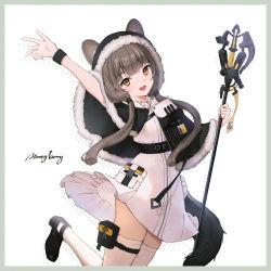 Rule 34 | 1girl, :d, animal ear fluff, animal ears, arknights, arm up, bad id, bad pixiv id, belt, black capelet, black footwear, blunt bangs, bracelet, brown eyes, brown hair, capelet, character name, dress, ears through headwear, fang, fur-trimmed capelet, fur trim, highres, holding, holding staff, honeyberry (arknights), hood, hooded capelet, ichita (yixisama-shihaohaizhi), jewelry, leg up, long hair, looking at viewer, low twintails, open mouth, pouch, shoes, simple background, skin fang, skindentation, smile, solo, staff, standing, standing on one leg, thigh strap, thighhighs, twintails, very long hair, white background, white dress, white thighhighs, zettai ryouiki