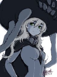 Rule 34 | 10s, 1girl, 4suke, abyssal ship, bodysuit, cape, colored skin, dated, green eyes, hat, kantai collection, long hair, sidelocks, simple background, smile, solo, white background, white hair, white skin, wo-class aircraft carrier