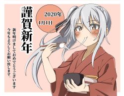 Rule 34 | 1girl, 2020, akeome, alternate costume, blush, border, bowl, brown eyes, chopsticks, commentary request, dated, eating, food, grey hair, happy new year, highres, holding, holding bowl, holding chopsticks, japanese clothes, kantai collection, kasumi (kancolle), kimono, kirisaki seeker, long hair, mochi, mochi trail, new year, pink background, red kimono, side ponytail, solo, translation request, white border, zouni soup