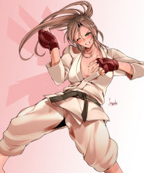 Rule 34 | 1girl, blush, bowalia, boxing gloves, breasts, brown eyes, brown hair, cleavage, clenched teeth, dougi, fingerless gloves, large breasts, long hair, mma gloves, one eye closed, original, ponytail, solo, teeth