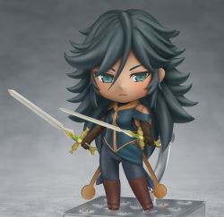 Rule 34 | 1girl, black gloves, black hair, boots, brown footwear, character request, chibi, closed mouth, commission, copyright request, dual wielding, elbow gloves, faux figurine, full body, gloves, green eyes, hair between eyes, highres, holding, holding sword, holding weapon, knee boots, long hair, looking at viewer, nendoroid, second-party source, shiori2525, solo, spiked hair, sword, tan, weapon
