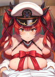 Rule 34 | 1boy, 1girl, absurdres, azur lane, black ribbon, blush, breasts, brown eyes, cleavage, closed mouth, collarbone, commentary request, elbow gloves, from above, gloves, hair ribbon, hat, heavy breathing, highres, honolulu (azur lane), indoors, large breasts, long hair, looking at viewer, looking up, momo no sukebe, peaked cap, pout, pov, puffy cheeks, red hair, red ribbon, ribbon, solo focus, sweat, twintails, very long hair, white gloves