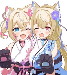 Rule 34 | 2girls, :3, :d, animal ear fluff, animal ears, animal hands, blonde hair, blue eyes, blue hair, blue kimono, dog ears, dog girl, dog paws, fangs, floral print kimono, flower, fuwawa abyssgard, fuwawa abyssgard (new year), hair flower, hair ornament, highres, hololive, hololive english, japanese clothes, kimono, male focus, mococo abyssgard, mococo abyssgard (new year), multicolored hair, multiple girls, official alternate costume, open mouth, pink eyes, pink hair, pink kimono, ponytail, sabamiso (tomomon021831), siblings, sisters, skin fangs, sleeveless, sleeveless kimono, smile, streaked hair, twins, twintails, virtual youtuber