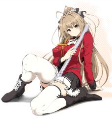 Rule 34 | 10s, 1girl, aiguillette, amagi brilliant park, boots, bow, breasts, brown eyes, brown hair, covered erect nipples, cross-laced footwear, full body, gun, hair bow, lace-up boots, large breasts, long hair, looking at viewer, ponytail, rifle, sento isuzu, solo, suzuhane suzu, thighhighs, weapon, white thighhighs, zettai ryouiki