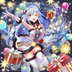 Rule 34 | 1girl, bell, blue eyes, blue hair, bow, character request, christmas ornaments, collar, copyright name, dragon, dress, eastern dragon, elbow gloves, fur-trimmed gloves, fur trim, gift, gloves, green eyes, hair bow, handbell, horns, long hair, naruse chisato, neck bell, one eye closed, open mouth, scales, sleeveless, sleeveless dress, snowman, teeth, tenkuu no craft fleet, thighhighs, very long hair, white gloves, white thighhighs