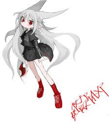 Rule 34 | 1girl, animal ears, axe, black jacket, black shirt, black skirt, blush, borrowed character, character name, closed mouth, commentary, floating hair, full body, grey hair, head back, highres, holding, holding axe, jacket, layered sleeves, long hair, long sleeves, looking at viewer, original, pointy ears, print shirt, red eyes, red footwear, red socks, reitoubeef, shirt, shoes, short over long sleeves, short sleeves, skirt, sneakers, socks, solo, translated, very long hair, white background