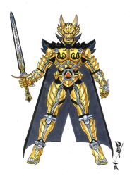 Rule 34 | amemiya keita, armor, belt, breastplate, clawed boots, commentary request, concept art, full armor, full body, garo, garo (series), gauntlets, gold armor, helmet, holding, holding sword, holding weapon, knight, official art, pauldrons, plate armor, shoulder armor, solo, sword, tokusatsu, weapon