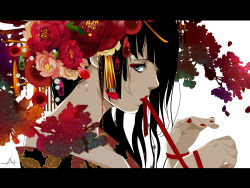 Rule 34 | 1girl, black hair, flower, hair flower, hair ornament, japanese clothes, kimono, letterboxed, long hair, nanahara shie, nanasie, original, plum blossoms, ribbon, solo