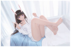 Rule 34 | 1girl, absurdres, ass, azur lane, barefoot, brown hair, feet, full body, highres, hime cut, horns, indoors, long hair, looking at viewer, lying, noshiro (azur lane), noshiro (cozy enclave) (azur lane), official alternate costume, on back, oni horns, partially unbuttoned, purple eyes, shirt, solo, white shirt, ye-z-jing
