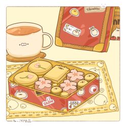 Rule 34 | border, box, cat, cookie, cup, drink, flower, food, food focus, hennekko, highres, no humans, original, pink flower, simple background, white border, yellow background