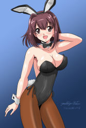 Rule 34 | 1girl, alternate headwear, animal ears, arm behind head, arm up, artist name, black leotard, black pantyhose, blue background, bow, bowtie, breasts, brown eyes, brown hair, cleavage, commentary, covered navel, cowboy shot, dated, detached collar, fake animal ears, fake tail, girls und panzer, gradient background, kondou taeko, large breasts, leotard, looking at viewer, matsui yasutsugu, medium hair, one-hour drawing challenge, open mouth, pantyhose, playboy bunny, rabbit ears, rabbit tail, side-tie leotard, signature, smile, solo, standing, strapless, strapless leotard, tail, wrist cuffs