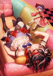 Rule 34 | 2girls, adapted costume, alternate costume, alternate headwear, black hair, blush, brown legwear, center frills, checkered floor, corset, couch, dress, frills, grey horns, hat, horns, japanese clothes, kijin seija, kikugetsu, kimono, long sleeves, looking at viewer, lying, mini person, minigirl, mob cap, multicolored hair, multiple girls, no shoes, on back, open mouth, petticoat, pink eyes, puffy sleeves, purple hair, red eyes, red hair, sandals, short dress, short hair, short sleeves, silver hair, sitting, smile, sukuna shinmyoumaru, thighhighs, touhou, upside-down, wide sleeves, zettai ryouiki