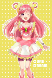 Rule 34 | 00s, 1girl, ;d, bike shorts, bike shorts under skirt, bug, butterfly, character name, cure dream, dress, frills, gloves, hair rings, insect, long hair, magical girl, mamii, midriff, navel, one eye closed, open mouth, pink eyes, pink hair, precure, purple shorts, shorts, shorts under skirt, smile, solo, wink, yellow background, yes! precure 5, yumehara nozomi