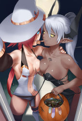 Rule 34 | 2girls, asymmetrical docking, bare shoulders, bat wings, black sclera, blue eyes, braid, breast press, breasts, collarbone, colored sclera, commentary, condom, condom in mouth, condom wrapper, covered erect nipples, dark-skinned female, dark skin, demon girl, english commentary, eyes visible through hair, full moon, halloween, halloween bucket, hand on another&#039;s shoulder, hat, head wings, highres, jiffic, long hair, looking at viewer, medium breasts, moon, mouth hold, multiple girls, naughty face, navel, one eye covered, original, pointy ears, ponytail, pussy juice, red hair, revealing clothes, shaea (jiffic), silver hair, smile, used condom, very long hair, white headwear, wings, witch hat, yellow eyes
