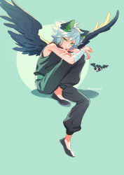 Rule 34 | 1boy, animal ears, black pants, black shirt, black wings, cat ears, circle, feathered wings, green background, green eyes, highres, invisible chair, knee up, looking at viewer, luo xiaohei, luo xiaohei (human), luo xiaohei zhanji, pants, shirt, short hair, sitting, sleeveless, sleeveless shirt, solo, suncle, twitter username, white hair, wings