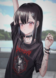 Rule 34 | 1girl, absurdres, arm tattoo, bad id, bad twitter id, black choker, black nails, black shirt, blue sky, blush, bracelet, brown hair, character print, choker, closed mouth, cross, cross choker, day, ear piercing, earclip, earrings, expressionless, finger tattoo, fingernails, forehead tattoo, gishiki (gshk), hair ornament, hairclip, hand up, highres, jewelry, latin cross, long hair, looking at viewer, nail polish, neck tattoo, original, outdoors, piercing, print shirt, red eyes, shirt, short sleeves, sky, smiley face, solo, spiked bracelet, spikes, tattoo, upper body