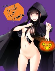 Rule 34 | 1girl, :d, black hair, blame!, blush, breasts, cloak, halloween, highres, jack-o&#039;-lantern, long hair, naked cloak, navel, nipples, open mouth, purple background, purple eyes, pussy, simple background, small breasts, smile, solo, sweatdrop, trick or treat, tsukasa (evening-g-low), uncensored