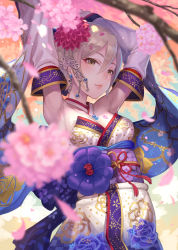 Rule 34 | 10s, 1girl, armpits, arms up, bare shoulders, blonde hair, breasts, brown eyes, cherry blossoms, cleavage, detached collar, detached sleeves, earrings, floral print, flower, hair flower, hair ornament, idolmaster, idolmaster cinderella girls, japanese clothes, jewelry, kimono, lips, looking at viewer, medium breasts, obi, petals, sash, shiomi syuko, short hair, sleeveless, sleeveless kimono, smile, solo, terumii