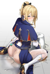 Rule 34 | 1girl, ass, belt, blonde hair, blue belt, blue cape, blue eyes, blush, boots, bucket, cape, chela77, commentary, english commentary, from behind, full body, genshin impact, gold trim, high heel boots, high heels, highres, jean (genshin impact), long hair, looking at viewer, looking back, pants, pantyhose, ponytail, see-through, sidelocks, sitting, solo, spill, tight clothes, tight pants, vision (genshin impact), wariza, wet pants, white footwear