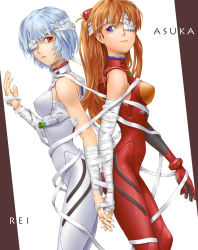Rule 34 | 2girls, ass-to-ass, ayanami rei, back-to-back, bad id, bad pixiv id, bandages, blue eyes, blue hair, brown hair, the end of evangelion, holding hands, highres, long hair, multiple girls, neon genesis evangelion, plugsuit, red eyes, short hair, souryuu asuka langley, tattaka