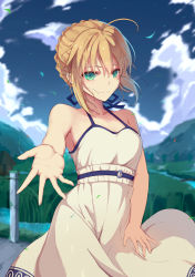 Rule 34 | 1girl, absurdres, ahoge, artoria pendragon (all), artoria pendragon (fate), blonde hair, blue sky, blush, breasts, closed mouth, cloud, cloudy sky, day, dress, fate/stay night, fate (series), grass, green eyes, hair between eyes, highres, looking at viewer, medium breasts, outdoors, outstretched hand, rafael-m, saber (fate), sidelocks, sky, smile, solo, sundress, tsurime, white dress