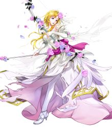 Rule 34 | 1girl, bare shoulders, blonde hair, bow (weapon), braid, breasts, bride, dress, fire emblem, fire emblem: the blazing blade, fire emblem heroes, flower, full body, hair ornament, highres, holding, holding bow (weapon), holding weapon, long hair, louise (fire emblem), medium breasts, nintendo, official art, purple eyes, single braid, solo, strapless, strapless dress, thighhighs, torn clothes, torn dress, transparent background, weapon, wedding dress, white dress, white thighhighs