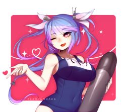 Rule 34 | 10s, 1girl, ;d, artist name, bare arms, blue hair, blue one-piece swimsuit, breasts, character name, clothes writing, collarbone, covered navel, cowboy shot, gradient hair, hair ribbon, heart, holding, holding torpedo, i-19 (kancolle), index finger raised, kantai collection, large breasts, long hair, looking at viewer, multicolored background, multicolored hair, name tag, one-piece swimsuit, one eye closed, open mouth, outside border, red eyes, ribbon, school swimsuit, sleeveless, smile, solo, sparkle, star-shaped pupils, star (symbol), swimsuit, symbol-shaped pupils, terupancake, torpedo, tri tails, two-tone background, two-tone hair
