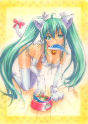 Rule 34 | 1girl, all fours, animal ears, animal hands, bad id, bad pixiv id, bell, bikini, bowl, breasts, cat ears, cat paws, cat tail, cleavage, collar, green hair, hatsune miku, jingle bell, kemonomimi mode, large breasts, long hair, mayo riyo, mouth hold, neck bell, panties, pet bowl, side-tie panties, solo, swimsuit, tail, thighhighs, twintails, underwear, very long hair, vocaloid