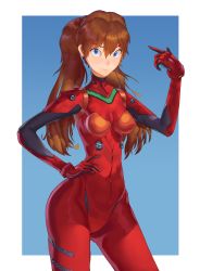 Rule 34 | 1girl, :&gt;, alternate hairstyle, artist request, blue eyes, bodysuit, breasts, brown hair, cowboy shot, curvy, hair between eyes, hand on own hip, highres, impossible bodysuit, impossible clothes, long hair, looking at viewer, neon genesis evangelion, pilot suit, plugsuit, red bodysuit, shiny clothes, simple background, solo, souryuu asuka langley, standing, twintails, two side up, very long hair, wide hips