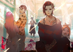 Rule 34 | 2girls, 3boys, animal print, arm tattoo, bare arms, bare shoulders, black hair, black jacket, black sclera, black shirt, chest tattoo, collarbone, colored sclera, dress, ear piercing, earrings, eyewear on head, facial hair, formal, furuta nimura, goatee, grey dress, highres, hoito roma, itori (tokyo ghoul), jacket, jewelry, kyuuba melo, looking at viewer, mouth piercing, multiple boys, multiple girls, neck tattoo, nico (tokyo ghoul), off-shoulder shirt, off shoulder, open mouth, orange shirt, pants, parted bangs, piercing, red eyes, shirt, short hair, shoulder tattoo, smile, tattoo, teeth, tiger print, tokyo ghoul, tokyo ghoul:re, upper teeth only, uta (tokyo ghoul)
