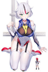 Rule 34 | 2girls, bare shoulders, black hair, breasts, choker, commentary request, full body, giant, giantess, green eyes, groin, gundam, gundam aerial, gundam suisei no majo, hand up, highres, large breasts, long sleeves, multicolored hair, multiple girls, parted lips, pelvic curtain, personification, red choker, red hair, ririko (zhuoyandesailaer), shoes, short eyebrows, short hair, sitting, solo focus, streaked hair, suletta mercury, teeth, thick eyebrows, thighhighs, upper teeth only, wariza, white background, white footwear, white hair, white thighhighs